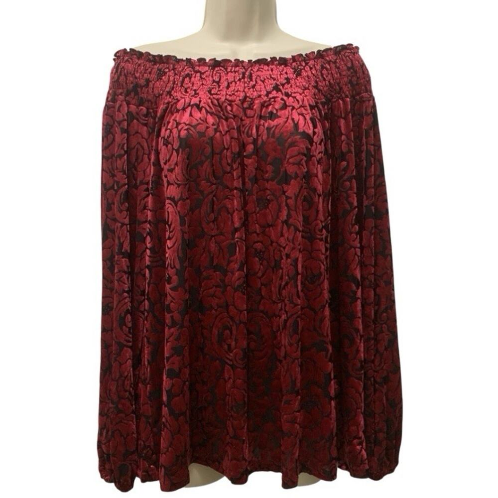 Velvet Burnout Whimsigoth Off Shoulder Blouse Rose Red Black Floral Size XL